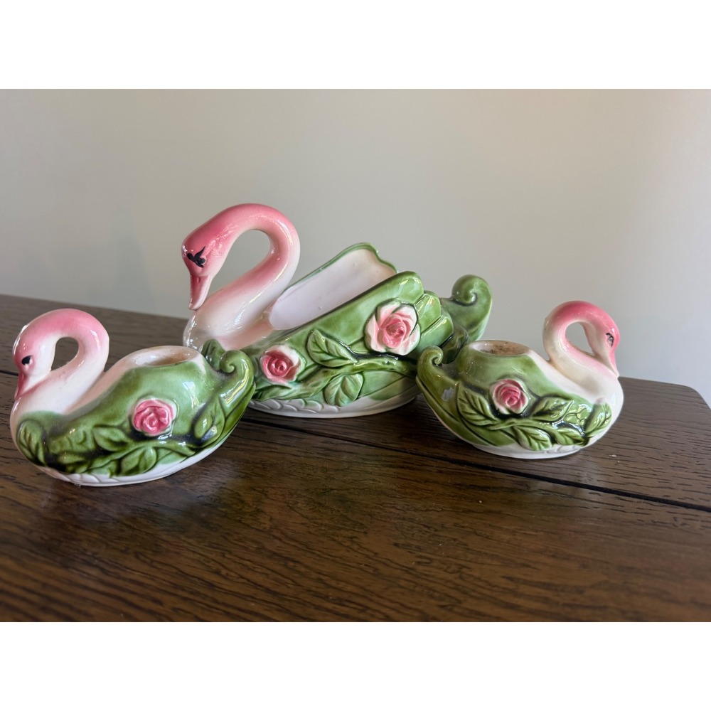 Vintage Swan Planter & Candle Holders Set Green Pink Good Vintage Rose Decor